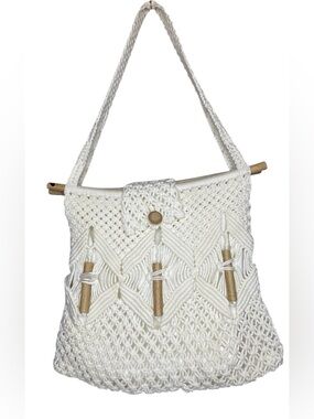 Boho Macramé Crochet Shoulder Bag Handmade Fringe Wooden Detail Festival
Purse